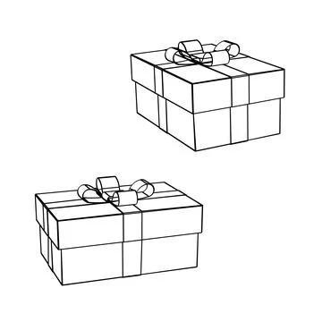 Two giftbox. Set. Vector line art. Realistic gift box, with a bow, isolated on a Stock Illustration