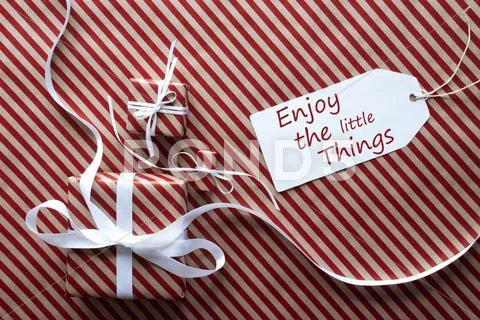 Two Gifts With Label, Quote Enjoy The Little Things Stock Photos