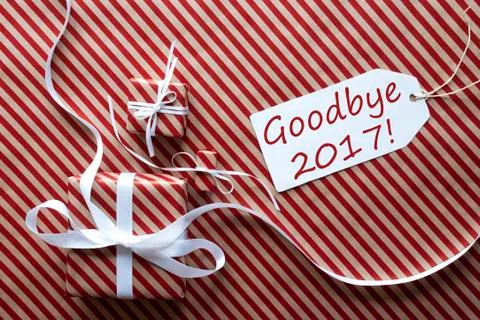 Two Gifts With Label, Text Goodbye 2017 Stock Photos