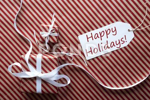 Two Gifts With Label, Text Happy Holidays Stock Photos