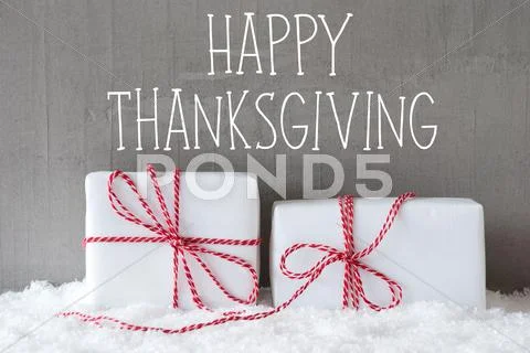 Two Gifts With Snow, Text Happy Thanksgiving Stock Photos