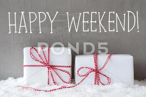 Two Gifts With Snow, Text Happy Weekend Stock Photos