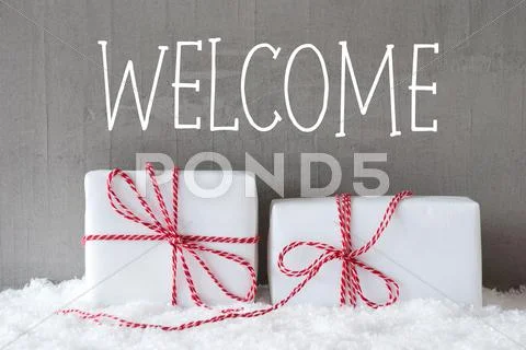 Two Gifts With Snow, Text Welcome Stock Photos