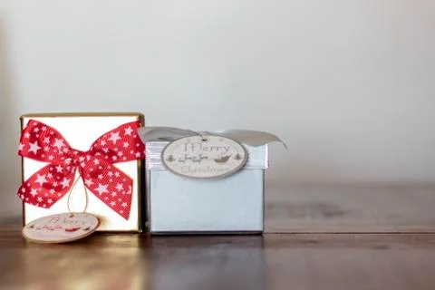 Two gifts on the table with copy space Stock Photos