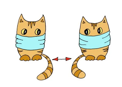 Two ginger cats in protective masks observe social distance, graphic color dr Illustrazione stock