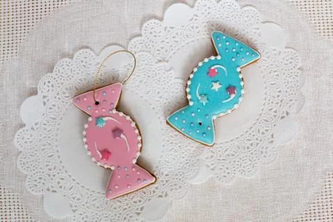 Two gingerbread cookies in the shape of candy on a white napkin background. Top Stock Photos