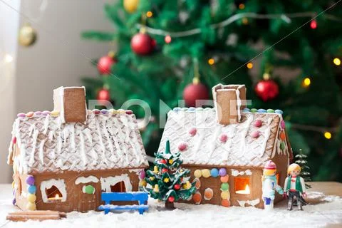 Two Gingerbread Houses, Tree And People Sitting On A Bench, Winter Scene
