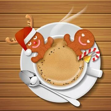 Two gingerbread mans in cup of hot coffee Stock Illustration