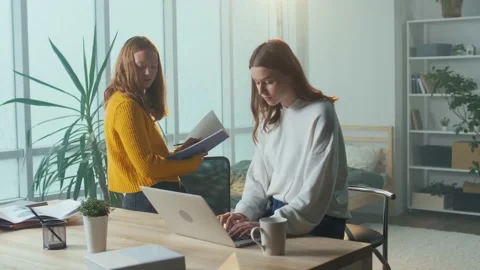 Two Girl Students Study Online Together, Attend an Online Class, Mental Health. Video stock 163714526