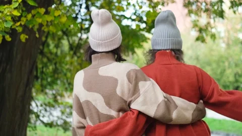 Two girlfriends are walking and hugging outside in an autumn park. Rear view of Stock Footage 270476407