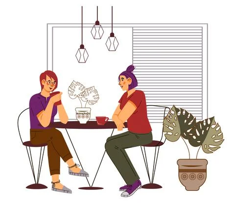 Two girlfriends chatting at a table in a restaurant or coffee shop, vector. Stock Illustration