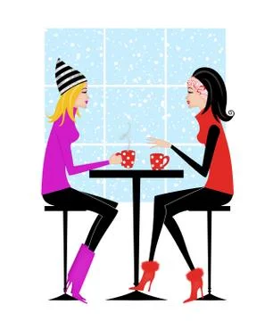 Two Girlfriends Drinking Coffee or Hot Chocolate Stock Illustration