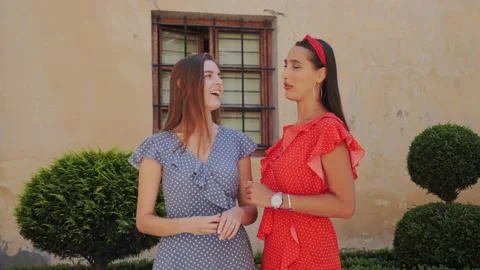 Two girlfriends in stylish clothes communicate with each other in urban street. Video stock 138078935