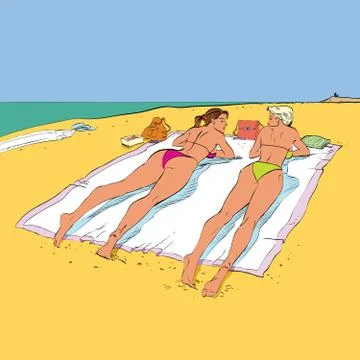 Two girlfriends sunbathing on the beach Stock Illustration