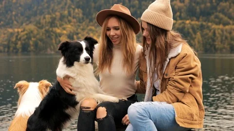 Two girlfriends with two dogs border collie attractive young women fashionably Stock Footage 121156803