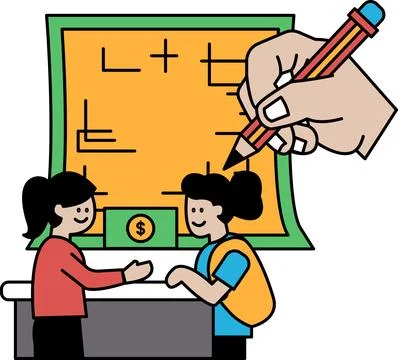 Two girls are talking to each other at a desk Stock Illustration