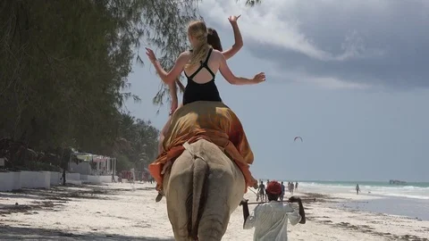 Two girls on a camel on the beach Video stock 76970554