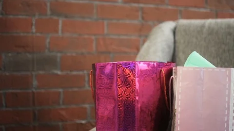 Two girls on the couch considering packages with shopping Stock Footage 103457963