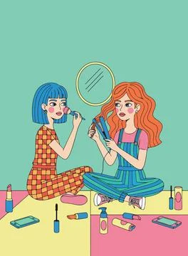 Two Girls Doing Makeup Stock-Illustration