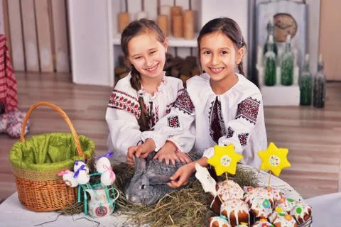 Two girls with easter  rabbit Stock Photos