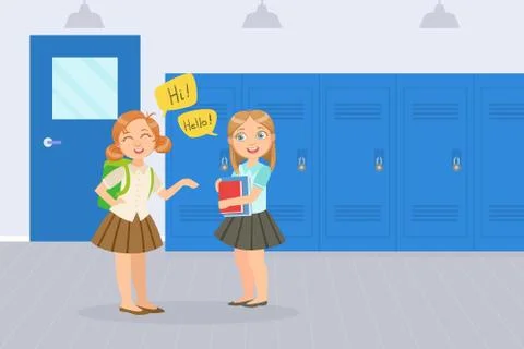 Two Girls Elementary School Students Talking in front of Lockers at School Illustrazione stock