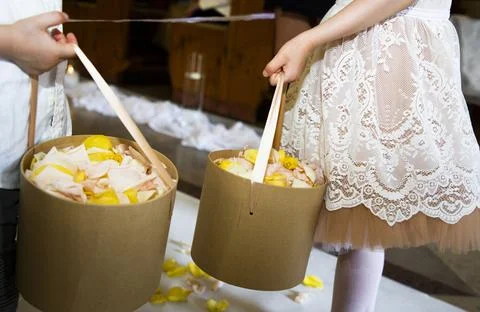 Two girls holding Easter baskets in church, Antwerp, Belgium Stock Photos