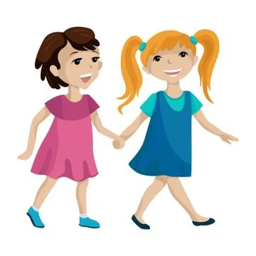 Two girls holding hands. Vector cartoon illustration Stock Illustration