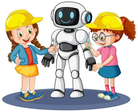 Two Girls Interacting with Friendly Robot in Safety Helmets イラスト素材