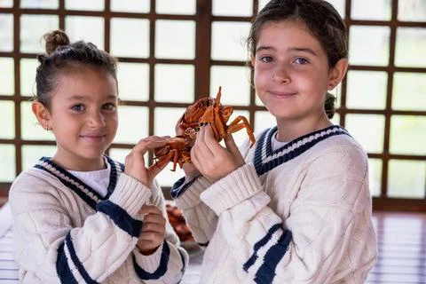 Two girls posing amusingly with two sea crabs. Stock Photos