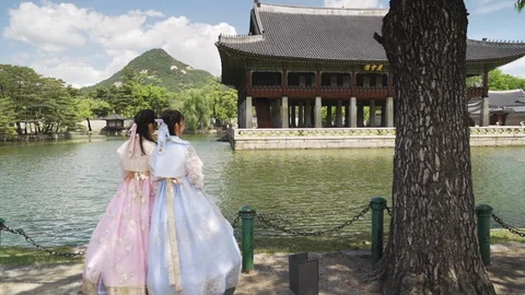 Two girls in traditional Korean hanbok Stock Video Pond5