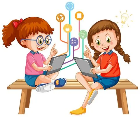 Two girls using tablet with education objects Illustrazione stock