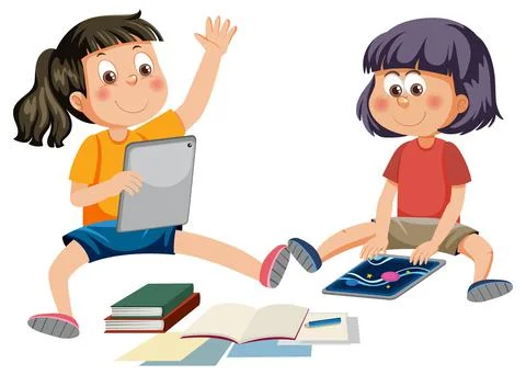 Two girls using tablet for online learning Stock Illustration