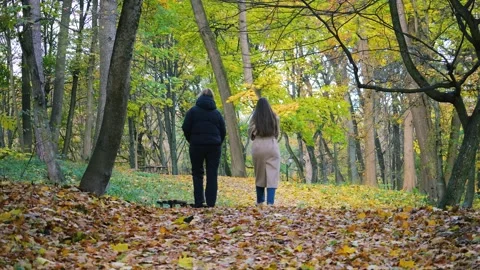 Two girls walk through fallen autumn maple leaves along a park road. Video stock 320795861