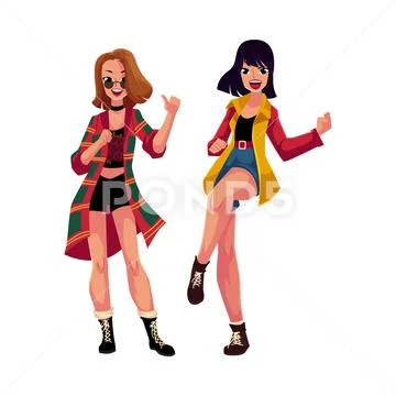Two girls, women, friends dancing at 90s retro disco party Stock Illustration