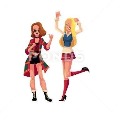 Two girls, women, friends dancing at 90s retro disco party Stock Illustration