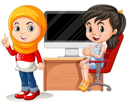Two girls working on computer Stock Illustration