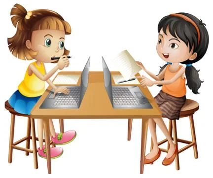 Two girls working on computer Illustrazione stock