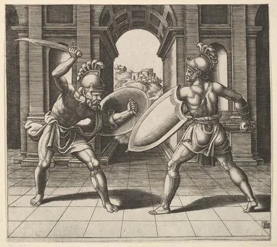 Two gladiators fighting in front of an arch 153060 Master of the Die Italia.. Stock-Fotos
