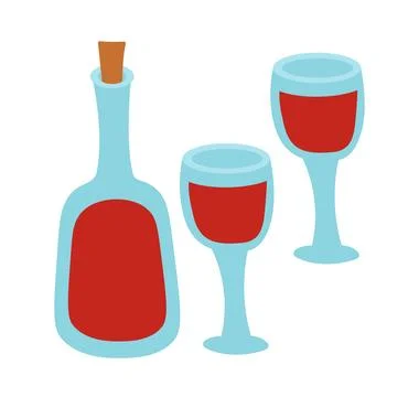 Two glasses and red wine bottle. Vector flat illustration. Stock Illustration