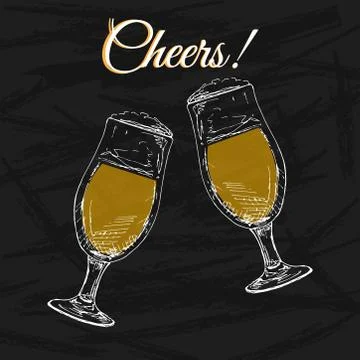 Two glasses with beer on a black background. Inscription Cheers. Stock Illustration