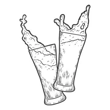 Two glasses of beer. Sketch scratch board imitation. Black and white. Stock Illustration