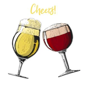 Two glasses with beer on a white background. Inscription Cheers Stock Illustration