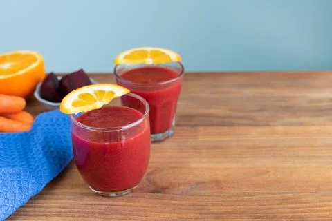 Two glasses of beet juice on the table. Copy space. Stock Photos