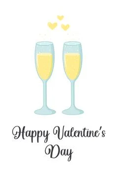 Two glasses of champagne with sparkling bubbles and yellow hearts.  Happy V.. Stock Illustration