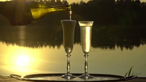 Two glasses of champagne at sunset on a forest lake Stock Footage 139809952