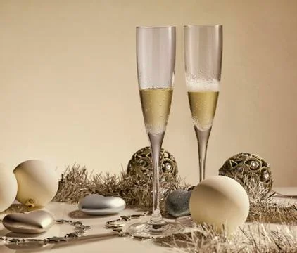 Two glasses with champange, gift boxes and christmas decorations on a yello.. Stock Photos