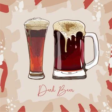 Two glasses of dark beer, hand-drawing oktoberfest beer, beer with foam. Vect Stock Illustration