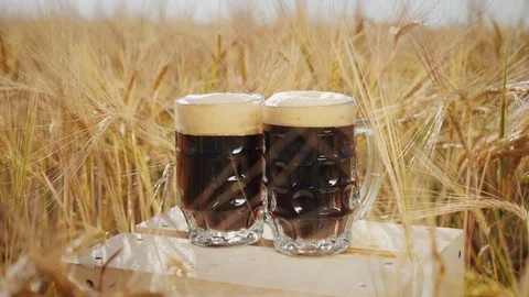Two glasses of dark beer stands on a wooden box in the field Stock Footage 92086874