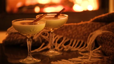 Two Eggnog Glasses At The Fireplace, Evening Stock Photo, Picture