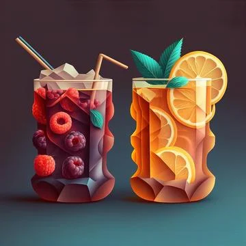Two glasses of fruit and ice tea with strawberries and mint on a blue backg.. Stock Illustration